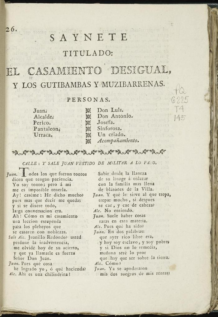 Saynete titulado El casamiento desigual y los Gutibambas y Muzibarrenas.