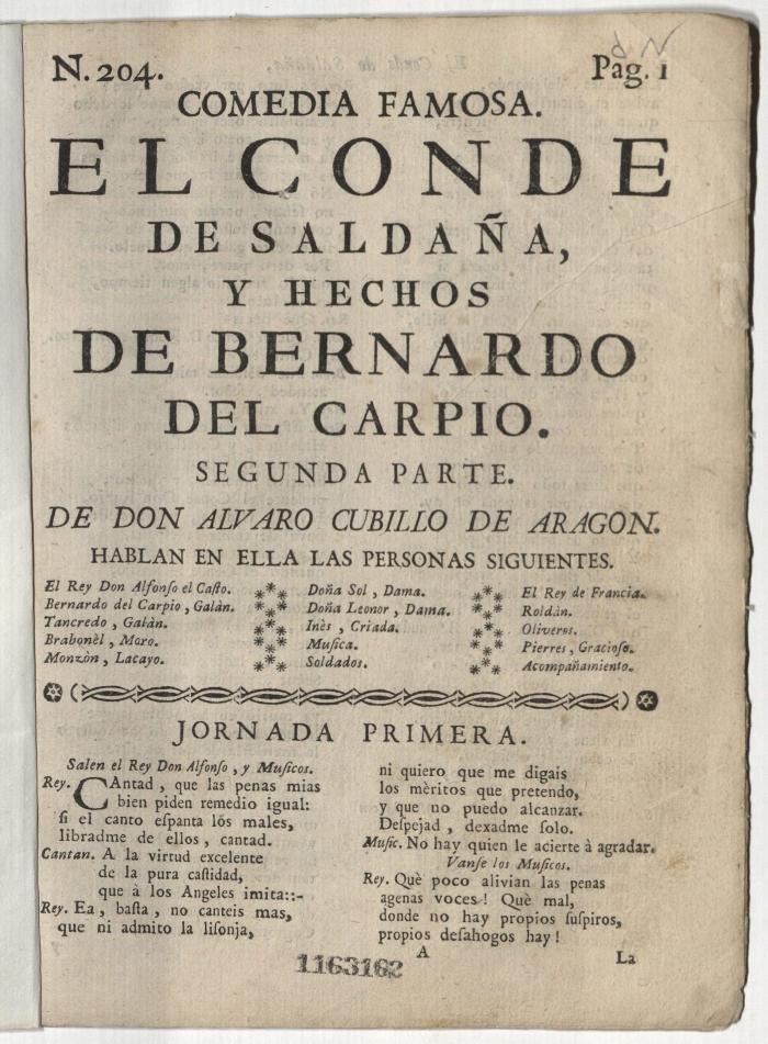 Comedia famosa. El conde de Saldaña, y Hechos de Bernardo del Carpio. Segunda parte.