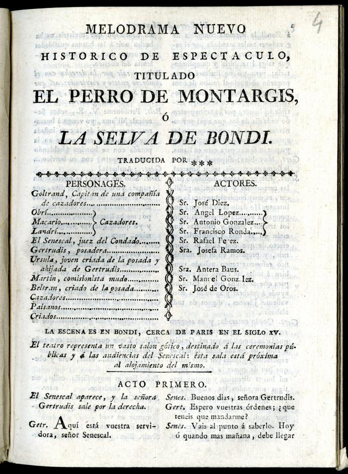 HSA_Pixe_Perr_0000000635_a.jpg;Melodrama nuevo Historico de espectaculo, titulado El perro de Montargis, ó La selva de Bondi. /