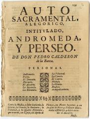 Auto sacramental, alegorico, intitvlado, Andromeda, y Perseo.