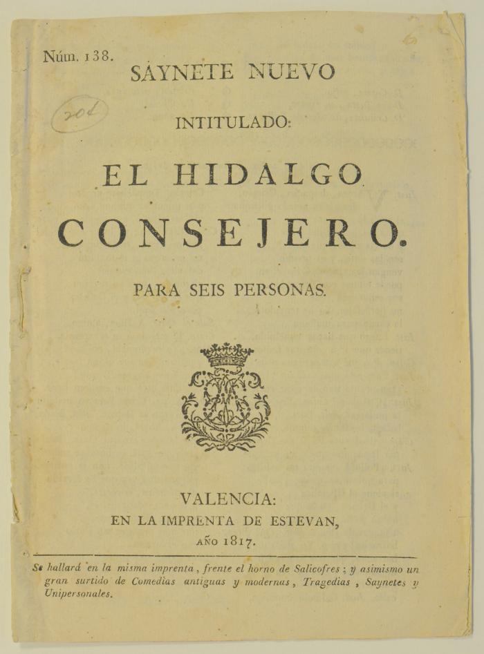 Saynete nuevo intitulado El hidalgo consejero :