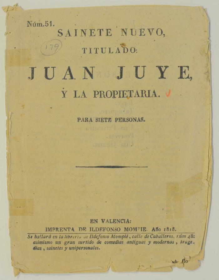 Sainete nuevo titulado Juan Juye y la propietaria :