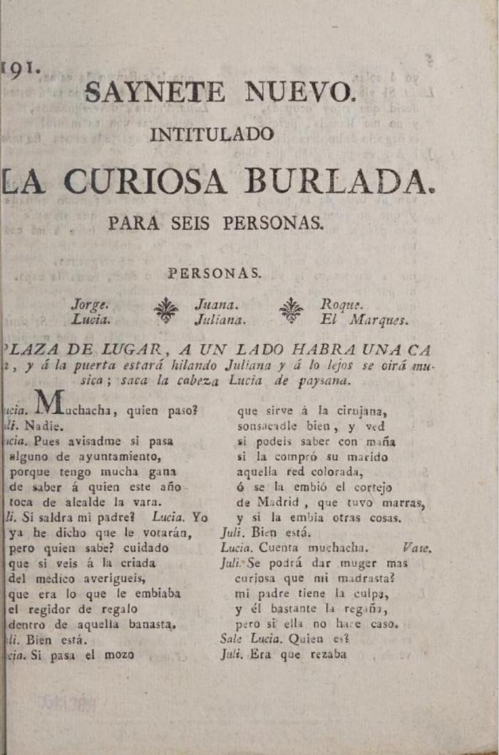 Saynete nuevo intitulado La curiosa burlada.