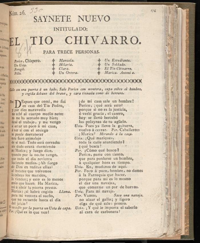 Saynete nuevo intitulado El tio Chivarro.