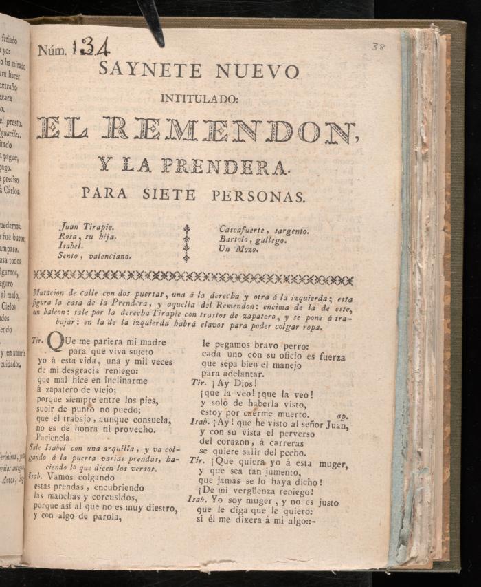 Saynete nuevo intitulado El remendon y la prendera.