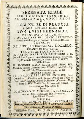 Serenada real para el dia de San Luis, alusiva a los reales nombres de Luis XV. Rey de Francia, y del alteza real el señor don Luis Fernando, principe de las Asturias :