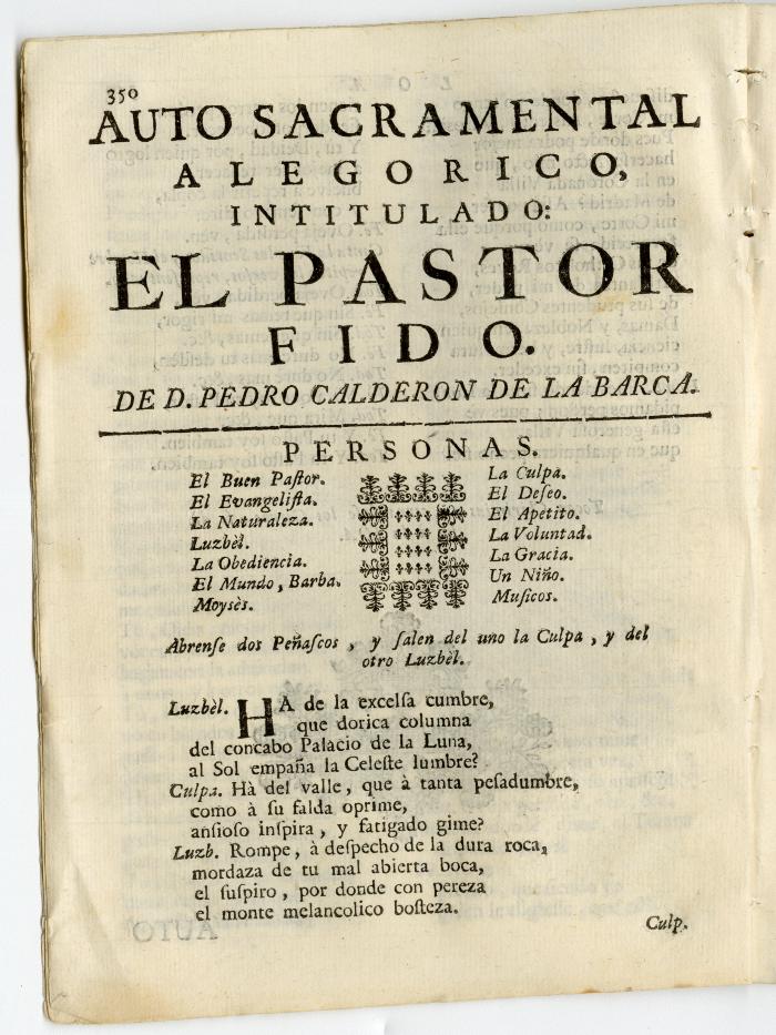 Auto sacramental alegorico, intitulado: El pastor fido /