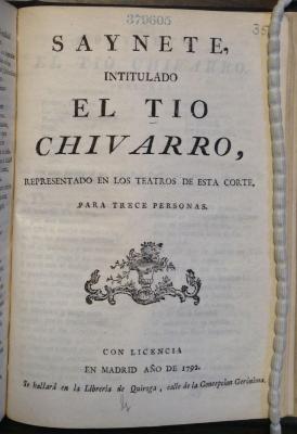Saynete, intitulado El tio Chivarro :