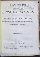 Saynete intitulado Paca la salada, y merienda de horterillas :