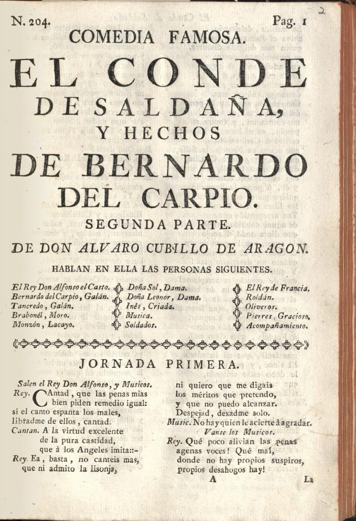 Comedia famosa. El conde de Saldaña, y hechos de Bernardo del Carpio.