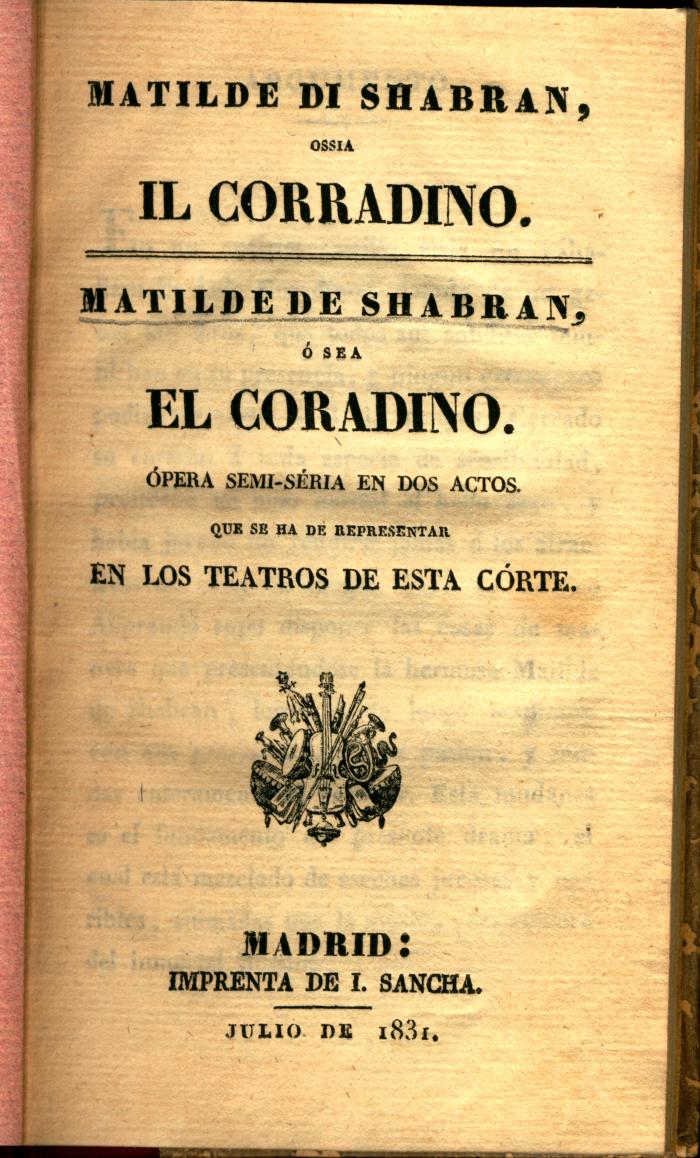 Matilde di Shabran, ossia, Il corradino / Matilde de Shabran, o El Coradino :